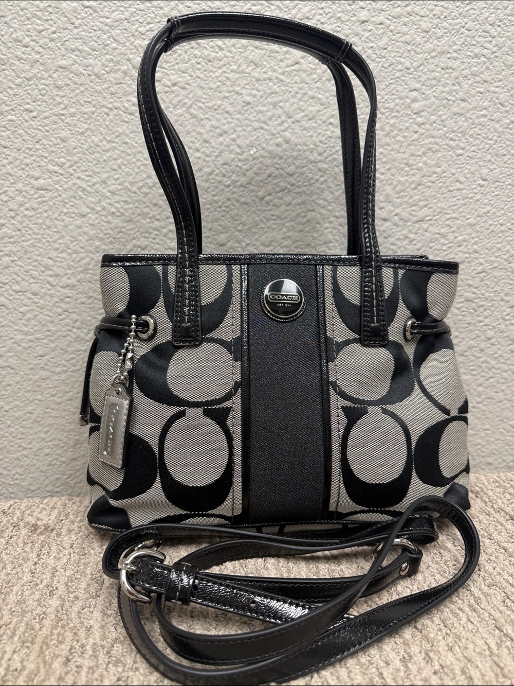 Coach Poppy Mini Satchel Black and Gray Signature Canvas Crossbody Bag